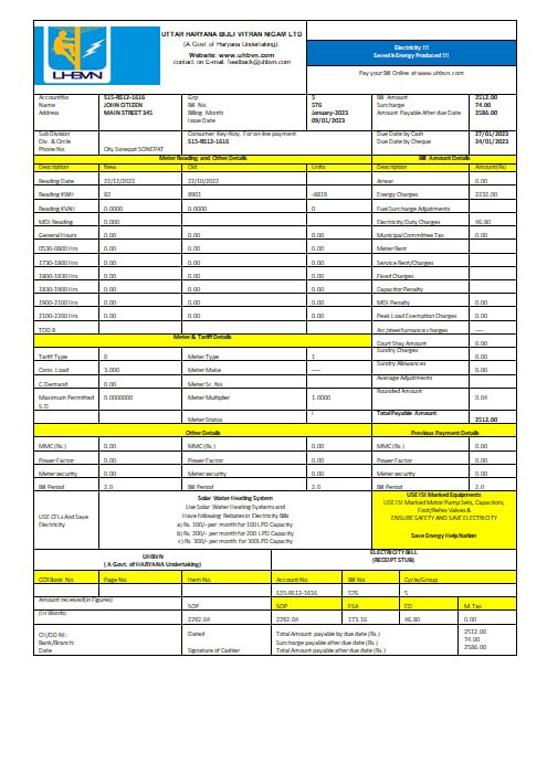 India Uttar Haryana Bijli Vitran Nigam Limited electrecity utility bill Word and PDF formats